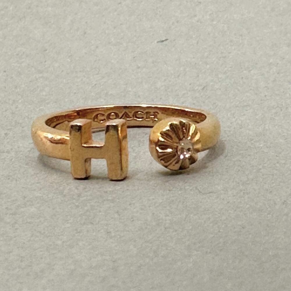 Coach H initial gold tone cubic zirconia open cuff stackable ring